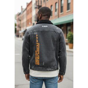 Zara Mens M Distressed Black Denim Trucker Jacket Sherpa Cozy Lined Graphic